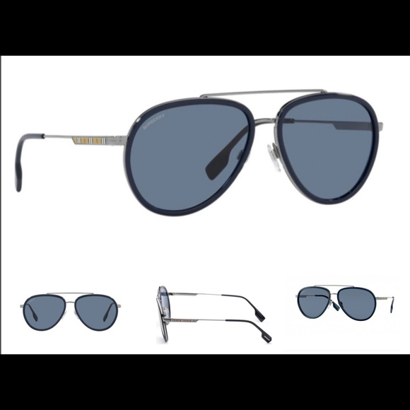 BURBERRY UNISEX GUNMETAL DARK BLUE PILOT AVIATOR LOGO SUNGLASSES - Picture 3 of 14